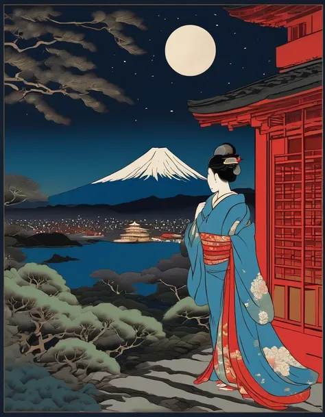 mount fuji, Brilliant fireworks, (night:1.5), red moon, a beautiful woman looking up, komon, ukiyo-e,