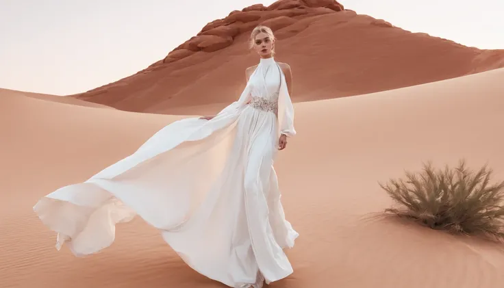 In the desert oasis, there is a beautiful woman carrying a wedding dress