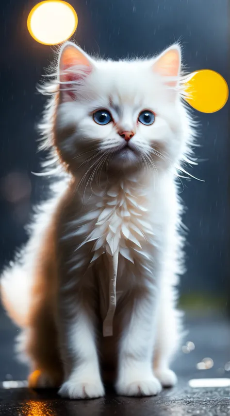 White kitten in a raincoat，Stormy weather，With cinematic lighting and ultra-realistic details，photograph of-realistic，cinematic photogtaphy，incredibily detailed，cinmatic lighting