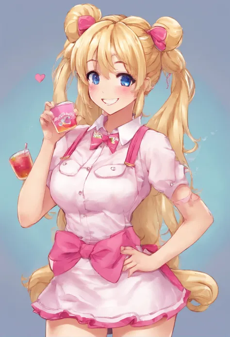 Large breasted female with blonde pigtails, wearing a pink sleeveless waitress outfit, wearing white thigh high socks, has braces on her teeth