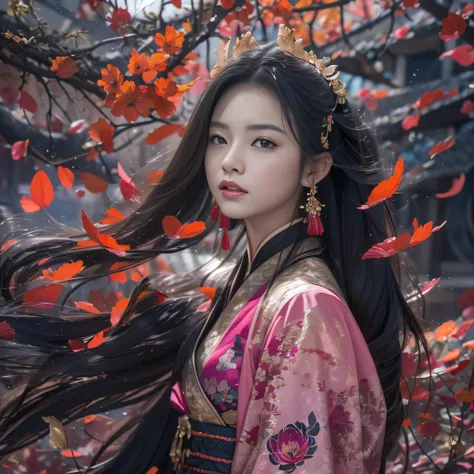 32K（tmasterpiece，k hd，hyper HD，32K）Long flowing black hair，ponds，zydink， a color， Tongzhou people （Spirit Girl）， （Red silk scarf）， Combat posture， looking at the ground， long whitr hair， Floating hair， Carp pattern headdress， Chinese long-sleeved clothing，...