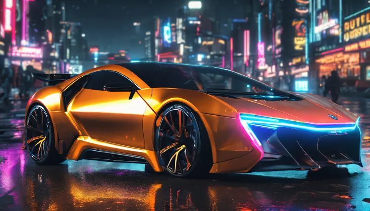 Ominous futuristic car, Wet reflective pavement, iridescent paint, highly detailed rims, glowing rims, View from the front, Futuristic city background, prime time, [Cyberpunk Night City:1.3], 8K DSLR, Sharp, tack sharp, Intricate details, Masterpiece, Gold...