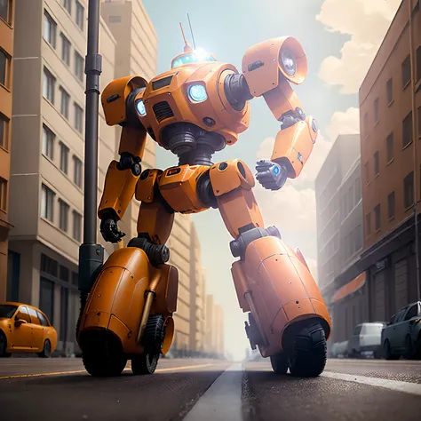 ((Best quality)), ((masterpiece)), orange robot, mecha, oval shape, round shape, no humans, white background, solo, science fiction, non-humanoid robot, standing on wheels, tank wheels, road wheels, blue window, urban background, soft light, one single can...