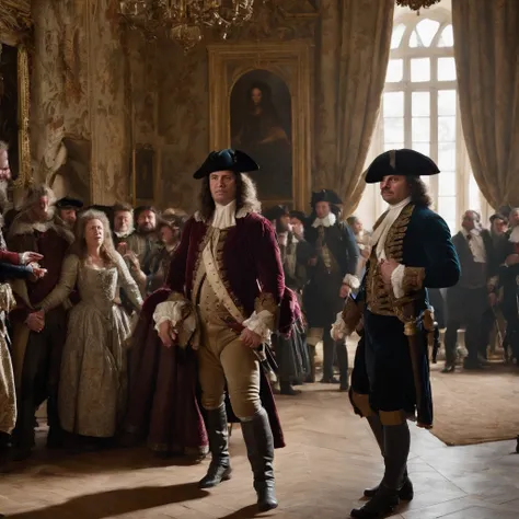 Create a dramatic scene depicting D’Artagnan’s arrest of finance minister Nicolas Fouquet in front of king louis xiv, capturing the tension and surprise of the moment.