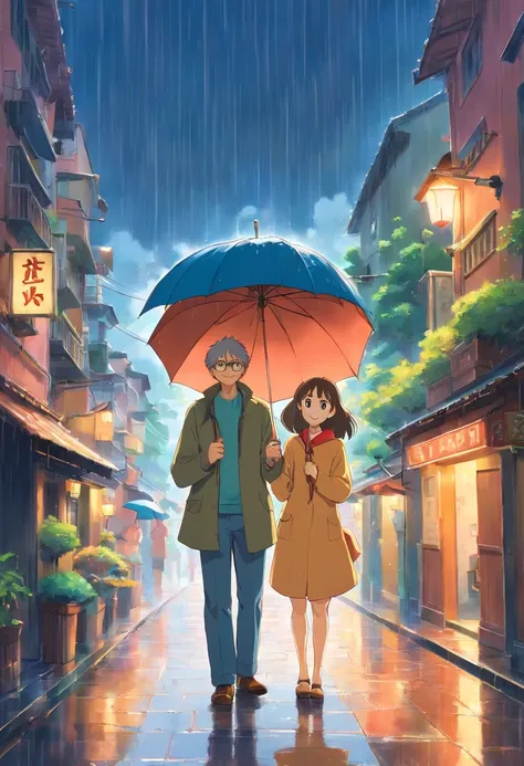 Couple standing under one umbrella, smiling, rainy streets, looking at viewers