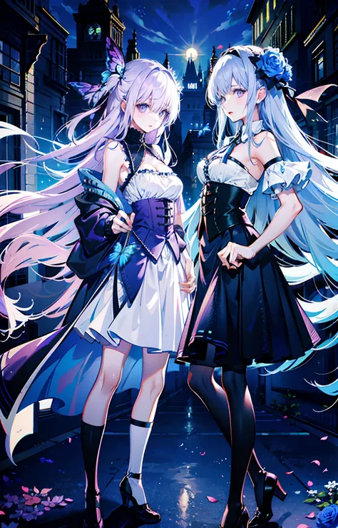 ((On the streets of the Middle Ages，2 girls，Twin sisters))，silber hair，butterflys，long whitr hair，8k wallpaper，detailedbackground，Highest high resolution，deep v big breasts，Hair over eyes，Bandeau，Purple roses，tight-fitting，themoon，stocklings，