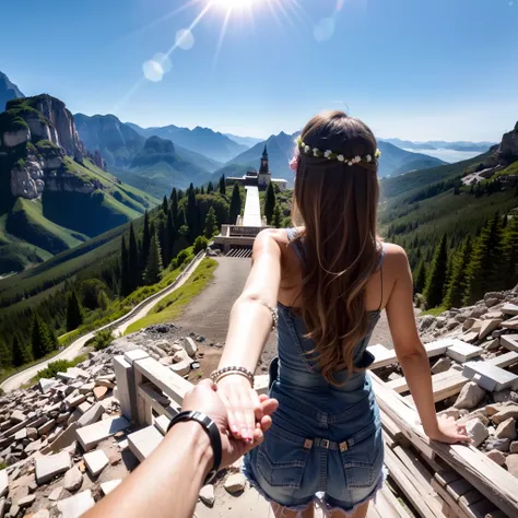 1girll，ultra - detailed，A high resolution，tmasterpiece，By_Style，bf_Holding_Hands，1 Girl holding hands with audience，Take a walk at the top of the mountain