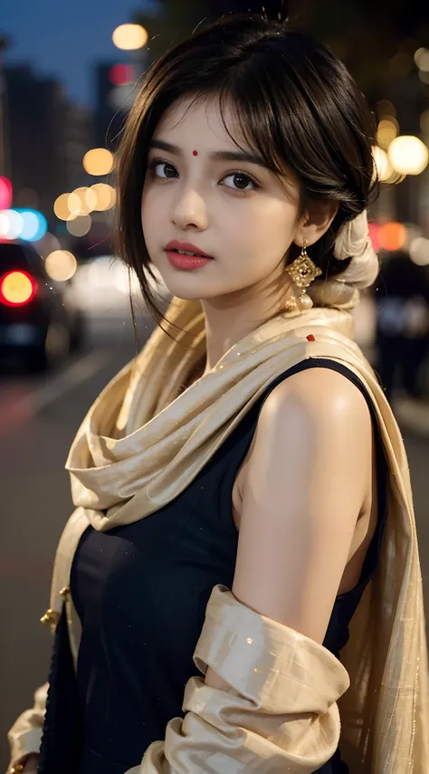 (((desi girl))), chubby face, natural skin, wearing hot deep neck top and dupatta, charming black hair, ((hair ends are blonde)), city streets background, bokeh