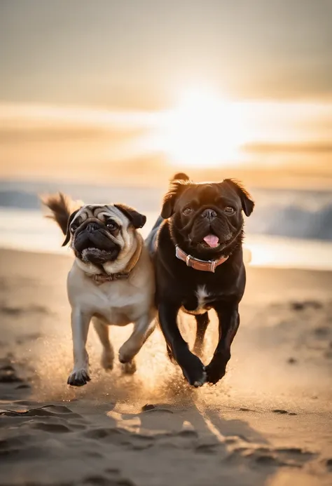 Pug dog and girl running on the beach