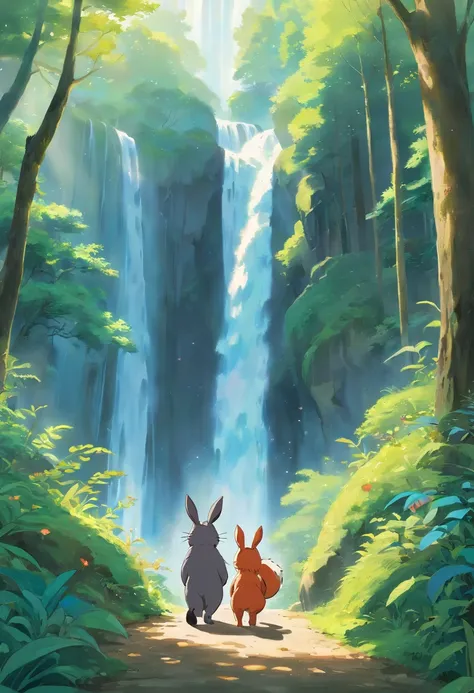 A gray black-striped cat and a beige-furred rabbit walk together in the dense forest, with a gleaming waterfall in the background, magical characters, golden and bluish butterfly, and a red squirrel. The forest environment with sparkling natural details