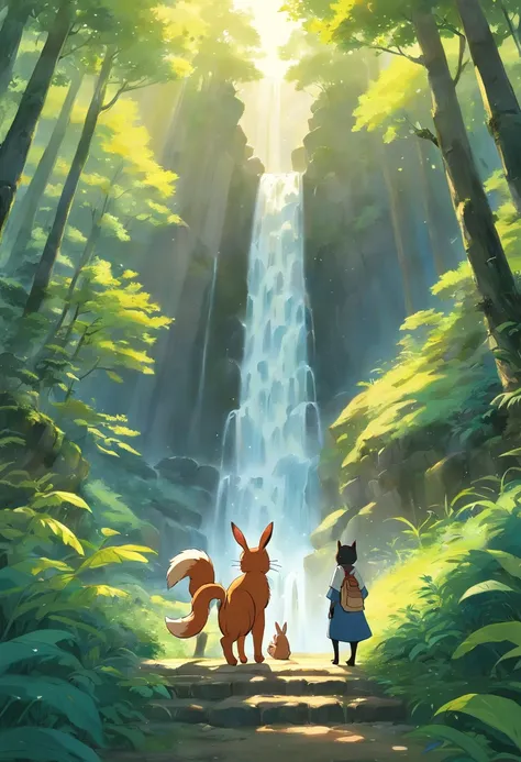 A gray black-striped cat and a beige-furred rabbit walk together in the dense forest, with a gleaming waterfall in the background, magical characters, golden and bluish butterfly, and a red squirrel. The forest environment with sparkling natural details