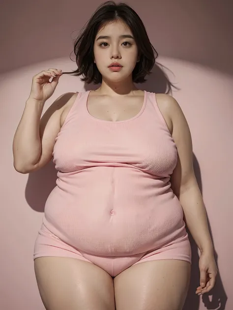 1 girl, obese body, big size, round face, double chin, overweight,Shoulder length straight short hair, pink Yoga vest, pink yoga shorts，holding her weight on her stomach and looking at the camera