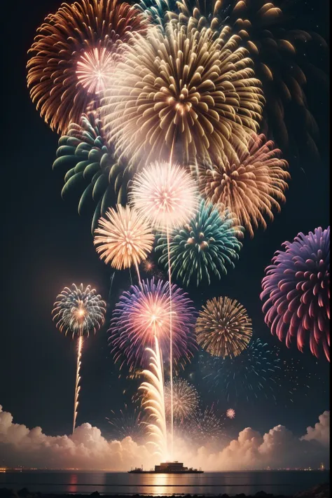 show：A breathtaking photo，A splendid and colorful fireworks display was recorded。in the photo，The night sky is dotted with huge and brilliant fireworks，They bloom with dazzling light and brilliant colors，Decorate the entire sky like a fairyland。Every momen...