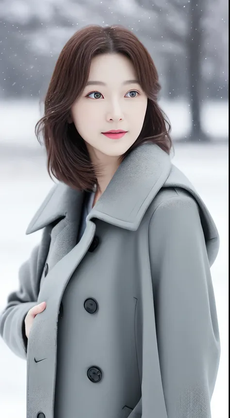 （1 absolutely beautiful Korean star）Realistic photos of shoulder-length hair，thin makeup，medium breasts size，Wear a coat，in snow，Clear facial features，8K high resolution，sharp and realistic details。