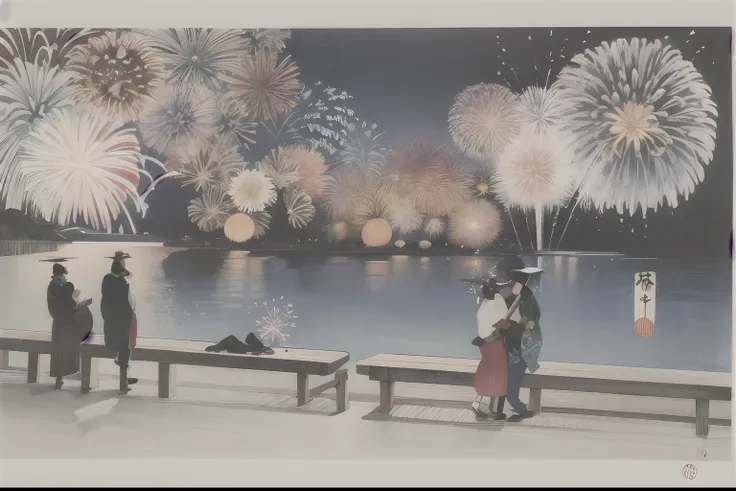 ohara koson, Brilliant (fireworks:1.5), night, people looking up, komon, ukiyo-e, traditional media