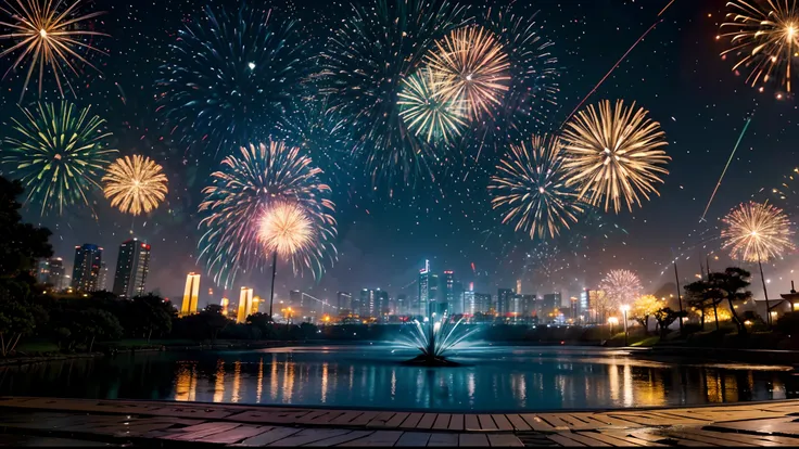 escenario de fuegos artificiales, estructuras japonesas, fuegos artificiales de distintos colores