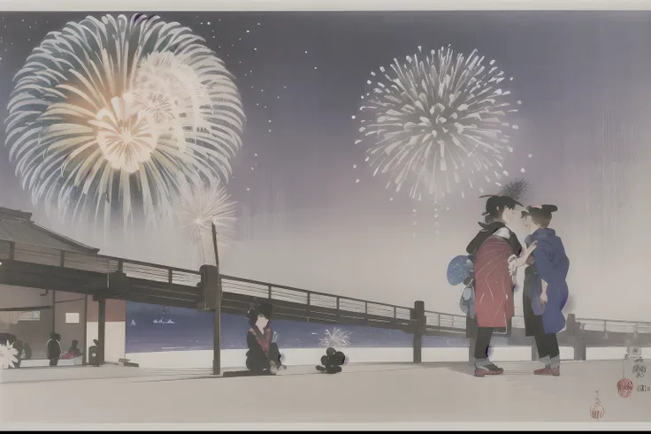 ohara koson, Brilliant (fireworks:1.5), night, people looking up, komon, ukiyo-e, traditional media