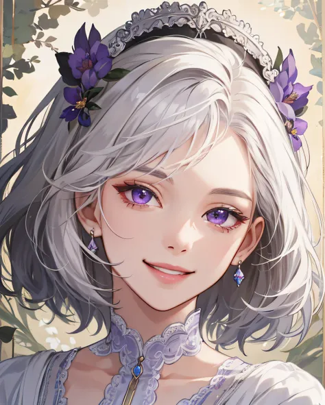 (extremely delicate and beautiful:1.2), 8k,(masterpiece:1.0),(best_quality:1.0), 1girl, mature woman, complex details, enlarged textures, complex details, finely detailed eyes and detailed face, intricate details, short white hair, happy smile face, perfec...