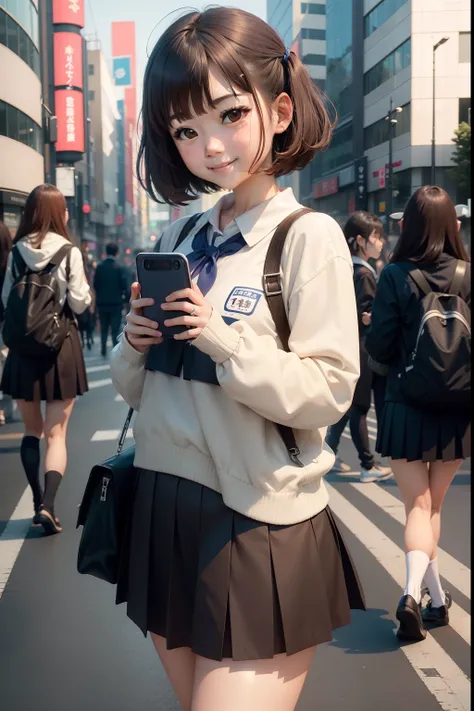 masutepiece、超A high resolution、Powerful images、8K、Shibuya, tokyo prefecture、Scramble crossing with a large number of people、Upper body view、17 years old girl、Brown hair color、a short bob、While looking at your smartphone、Walk、Girls High School Uniform、Ultra...