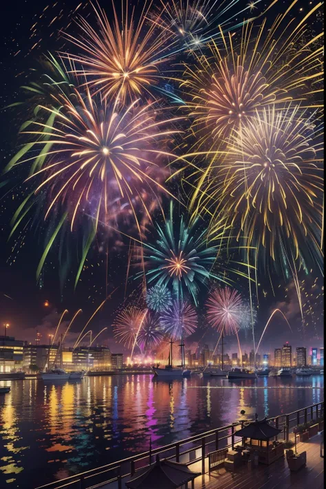 clew：Enjoy a spectacular fireworks display，In this visual feast，Huge fireworks bloom with brilliant and colorful light，Illuminated the entire night sky。The distant crackling was accompanied by cheers，Beautiful splash of fireworks in the dark，Create breatht...