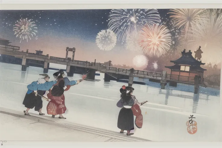 ohara koson, Brilliant (fireworks:1.5), night, people looking up, komon, ukiyo-e, traditional media