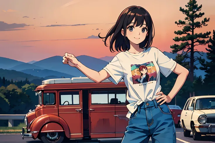 Best quality、超A high resolution、full bodyesbian、Tie-up hair all back girls、Wear a boyfriend-style t-shirt，Stand in front of a red antique car，88 highway background， Cute happy smile