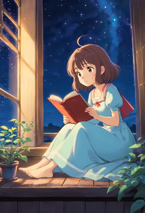 Cute princess、night sky full of stars、Reading a book on the windowsill