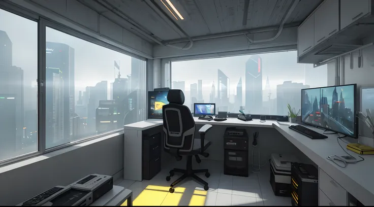 Gorgeous sci-fi matte painting for bedroom, sharp edges, Camera Straight, yellow, Small kitchen, A small room, computer, dark gray, white-gray.. Sci-fi bedroom , Outside the windows of the cyberpunk cityscape, huge panoramic window of the Cyberpunk room, S...