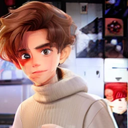 A young man of 14 years old, with brown disheveled hair, cute face, boxy face, and brown eyes, wearing white turtleneck.