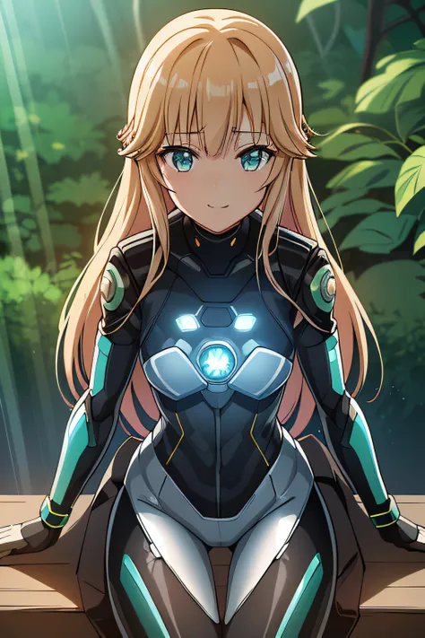 Cybernetic arm and glowing robot cyber girl,(Sheer and revealing costumes:1.3, ),(Robot Cyber Girl riding a powerful military-style motorcycle galloping through jungle:1.3), Glossy light brown and orange striped shorthair,Cute smile,Perfect round face,A ch...