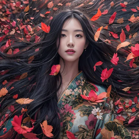 32K（tmasterpiece，k hd，hyper HD，32K）Long flowing black hair，ponds，zydink， a color， Tongzhou people （Spirit Girl）， （Red silk scarf）， Combat posture， looking at the ground， long whitr hair， Floating hair， Carp pattern headdress， Chinese long-sleeved clothing，...