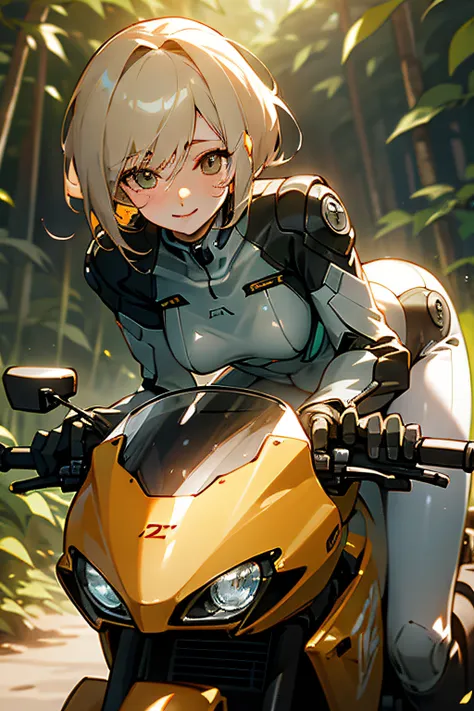 Cybernetic arm and glowing robot cyber girl,(Sheer and revealing costumes:1.3, ),(Robot Cyber Girl riding a powerful military-style motorcycle galloping through jungle:1.3), Glossy light brown and orange striped shorthair,Cute smile,Perfect round face,A ch...