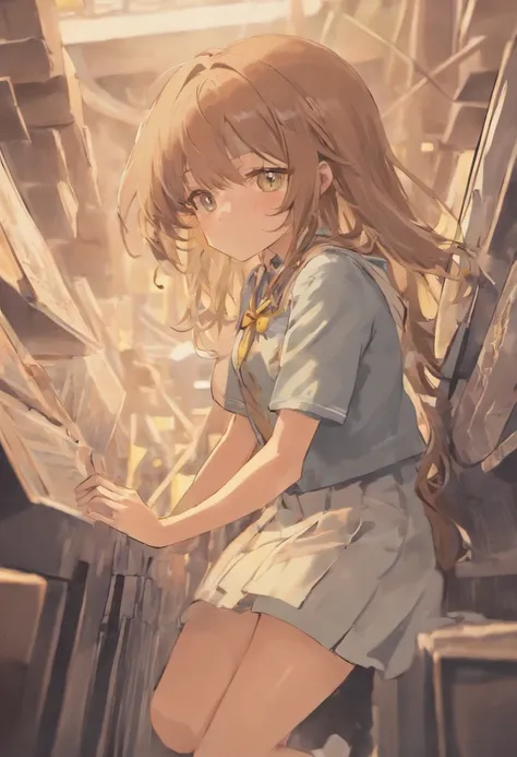 1girl, brown messy hair with white hairclip, school uniform, medium breast, thick thighs, closing her eyes