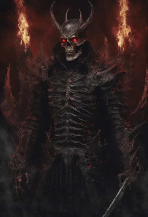 devil horns，Claws，battleaxe，Spooky environment，dentes pontiagudos，Berserker，full bodyesbian，Powerful aura，A strong sense of oppression，incredibly detailed，Red-eyed skeleton，The flames of hell are raging，Skeleton Legion，Ultra photo realsisim