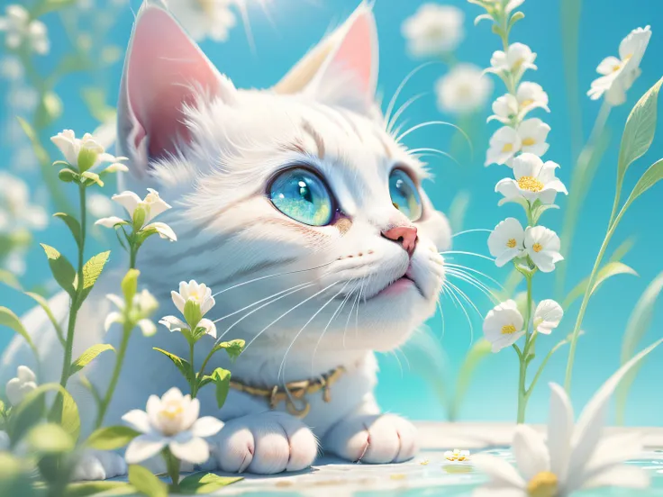 Little white cat with big eyes,At the edge of the pool sugar, There are small flowers next to it, steins, Blue sky. and the sun was shining brightly, the detail， 4K， k hd， high high quality.