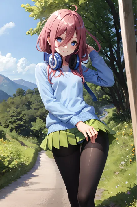 best quality, masterpiece, nice hands, perfect hands, Miku hiking, smile, small breasts, Blue Cardigan, county road,