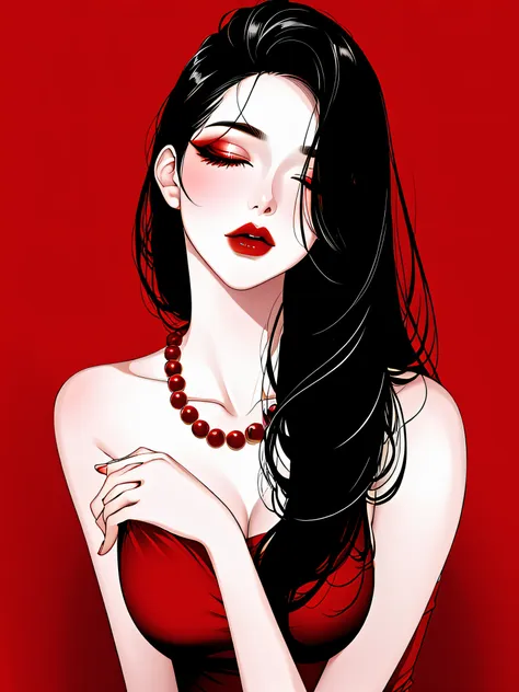 1girl in, solo, jewelry, black hair, necklace, red lips, long hair, closed eyes, lip stick, makeup, upper body, closed mouth, re...