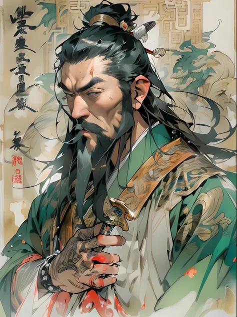 (((China-style，Ink painting method，Half-length portrait，Intense color，Han dynasty, China，Hanfu，Armor，Guan yu，Guan Yunchang，of a guy，Ruddy killing square face，Hold the Blue Dragon Moon Knife in his right hand，Stroke your beard with your left hand，Long hair，...