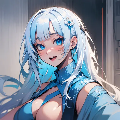 (Best Quality,High resolution:1.2),a portrait photo of,White hair,Long hair,Dazzling blue eyes,attractive girl,18 years old,Bigchest,Soft bangs,White and blue tones,Cheerful smile,Cowboy Shot