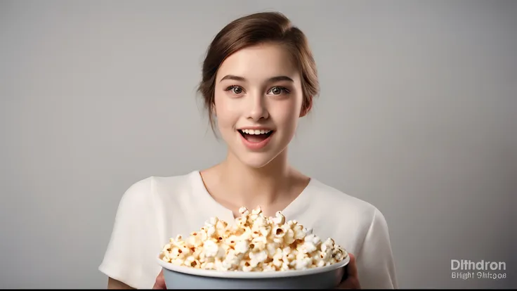 (close-up, editorial photograph of a 20 yo woman from the 1940s), (highly detailed face:1.4) (smile:0.7) (background inside bright, light, solid white background:1.3) POV,  holding a large movie popcorn, by lee jeffries, nikon d850, film stock photograph ,...