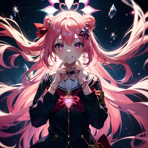 lense flares，long whitr hair，Bracelet，stain glass，Gradient eye，femele，Miss，pupils，long eyelasher，Open-mouthed，Be red in the face，Flirting smiles，vex，Pink hair，pendant，ear studs，heart-shaped hair ornament，Bow hair ornament，Spread your hands and straighten t...