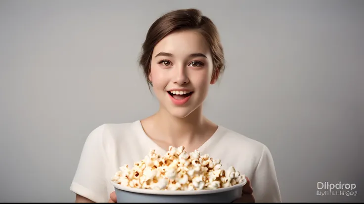 (close-up, editorial photograph of a 20 yo woman from the 1940s), (highly detailed face:1.4) (smile:0.7) (background inside bright, light, solid white background:1.3) POV,  holding a large movie popcorn, by lee jeffries, nikon d850, film stock photograph ,...