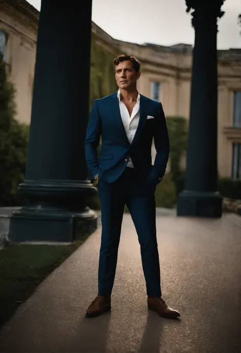 corps entier, wide-angle photo close-up portrait of the body of a handsome man , Grand et en forme, (40 ans:1.1), (shaven:1.2) , (very short brown hair and a little curly:1.5),(very short hair:1.6). (Tight suit in dark blue velvet:1.3). (posing outside the...