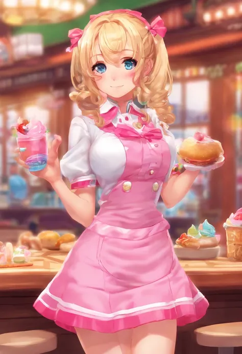 (a), 1girl, large breasted, blonde pigtails, pink sleeveless waitress outfit, white thigh high socks, braces, sexy, nsfw, (best quality:1.2), ultra-detailed, realistic, portraits, vivid colors, soft lighting, vibrant background, has bright blue eyes