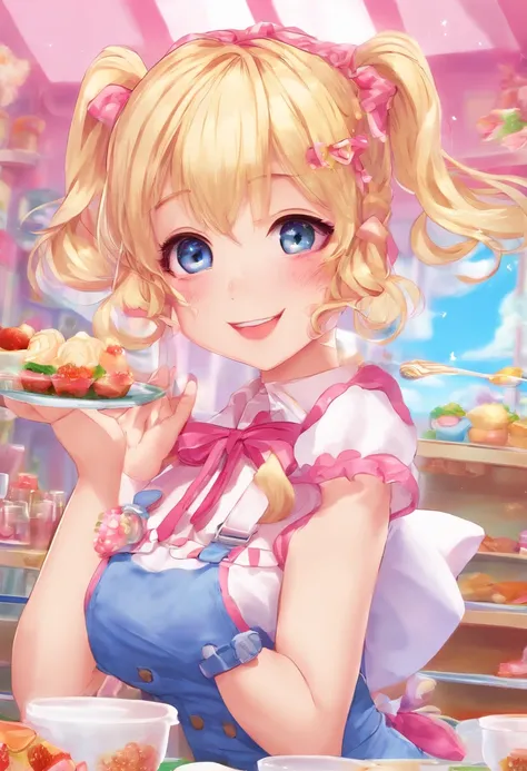 (a), 1girl, large breasted, blonde pigtails, pink sleeveless waitress outfit, white thigh high socks, braces, sexy, nsfw, (best quality:1.2), ultra-detailed, realistic, portraits, vivid colors, soft lighting, vibrant background, has bright blue eyes