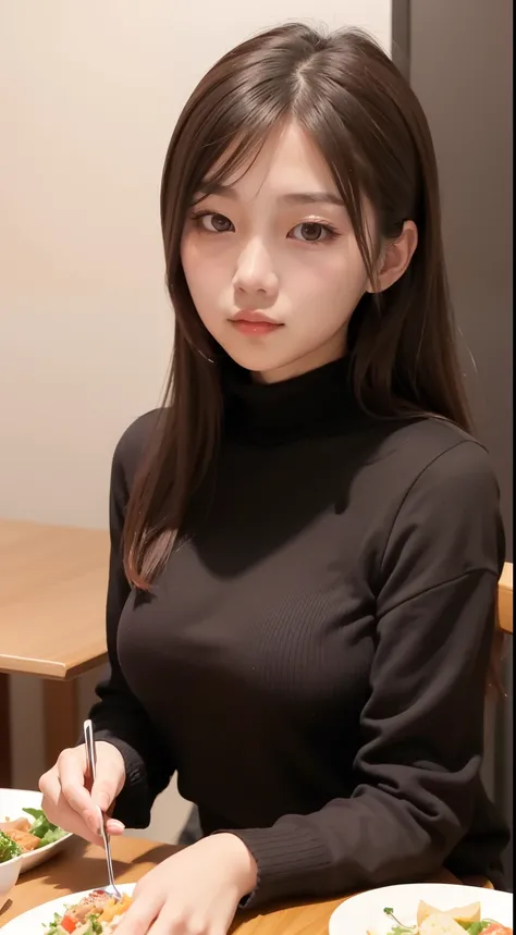 There is a woman sitting at the table with a plate of food, korean girl, beautiful korean woman, gorgeous woman, korean woman, gorgeous young korean woman, beautiful young korean woman, tight high neck shirt, beautiful asian girl