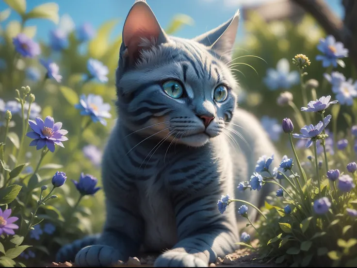 English short blue cat in the garden, There are small flowers, steins, Blue sky. and the sun was shining brightly, the detail， 4K， k hd， high high quality.