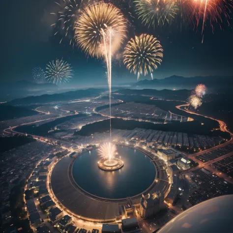 (No People, No Human:1.2), Distant view, aerial view, birds eye view, (masterpiece, illustration, official art:1.3), majestic display of power, magic, and might, (breathtaking fireworks shot from above:1.2), resplendent red, blue, yellow and white color sc...