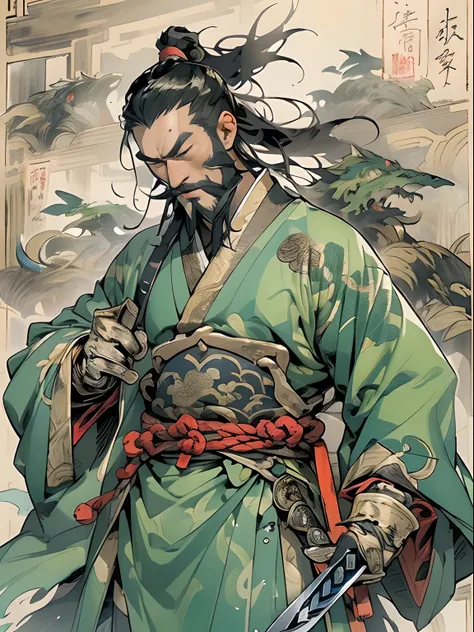 (((China-style，Ink painting method，Half-length portrait，Intense color，Han dynasty, China，Hanfu，Armor，Guan yu，Guan Yunchang，of a guy，Ruddy killing square face，Hold the Blue Dragon Moon Knife in his right hand，Stroke your beard with your left hand，Long hair，...