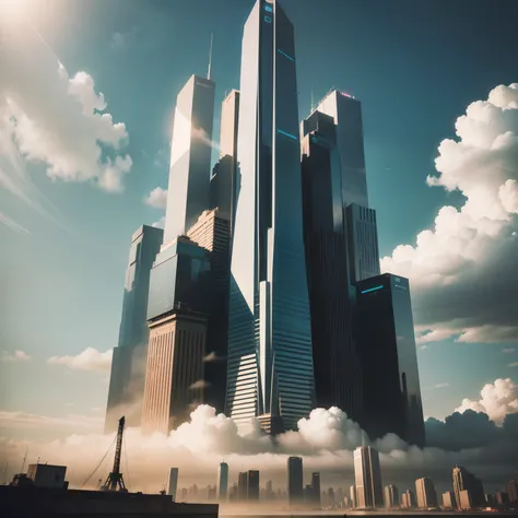 cyberpunked、Great civilization、ＳＦart by、Fantasia、futuristic cities、Huge skyscrapers lined up、dream、Huge construction、top-quality、​masterpiece、HD Images、Beautiful future city、Height through the clouds